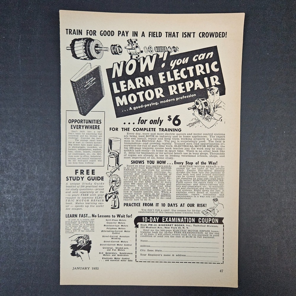 1952 Rinehart Technical Division Learn Electric Motor Repair Vintage Print Ad